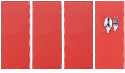 sourcing map 4 Pcs Leather Cutlery Sleeve Silverware Utensil Holders Knife and Fork Bag Pouch Flatware Storage Sleeves for Dinner Table Home Kitchen Table Decoration, Red