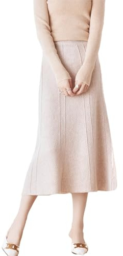 Ailaile Gonna lunga da donna Autunno Inverno 100% Lana Merino Maglia Gonna a Costine Elastico in Vita Calda Gonna Maglione, Cammello Latte, XL