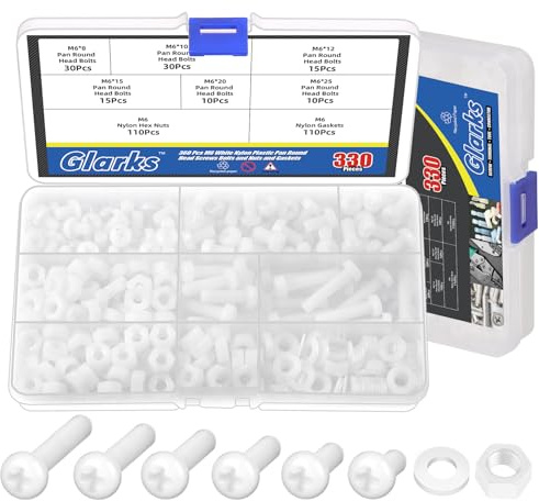 Glarks 330pcs M6 x 8/10/12/15/20/25 mm Nylon Phillips Pan Head Tornillos Tuerca Kit de arandela Kit de arandela de nylon blanco Phillips Cruz cabeza redonda Tornillo de máquina