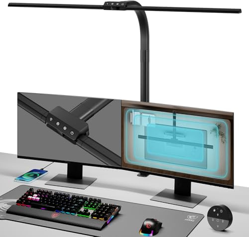 RUYI Lámpara de escritorio LED de doble cabeza, 24W, 78.5cm, abrazadera, regulable. Luz diurna con mando a distancia, 10 colores y 10 brillos, Para oficina