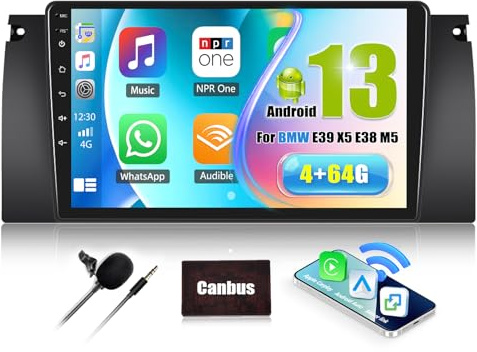 SIXWIN 4+64G Android 13 Radio de Coche para BMW E39 X5 E38 M5 con CarPlay Android Auto, 9” HD Touch Screen con WiFi GPS Bluetooth 5.0 USB FM RDS Mirror Link