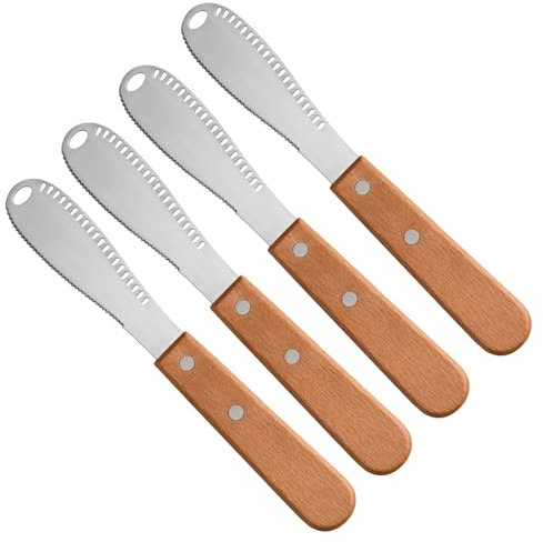 TINGFENG 4PCS Stainless Steel Butter Knife - 3 in 1 Butter Knife Spreader Serrated Edge and Scraping Holes Wood Handle for Butter, Cheese, Peanut Butter, and Jam Spreading (4)