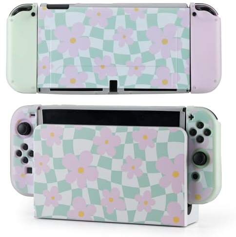 Protective Case for Switch OLED, Silicone Cover Shell Compatible with Nintendo Switch OLED Dockable Case Cozy Accessory Full Protection for Controller & Joy con-Sage Green Checker