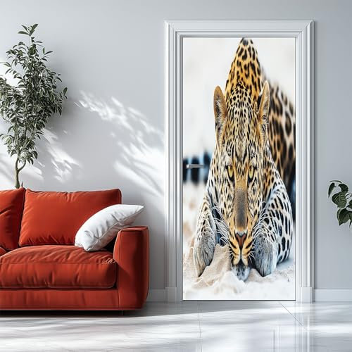 Adesivi per Porte 3D Leopardo Animale 90x200cm Fotomurali Per Porte Autoadesivi, PVC Impermeabile Rimovibile Creative Arte Adesivo Porta Per Decorazione Domestica