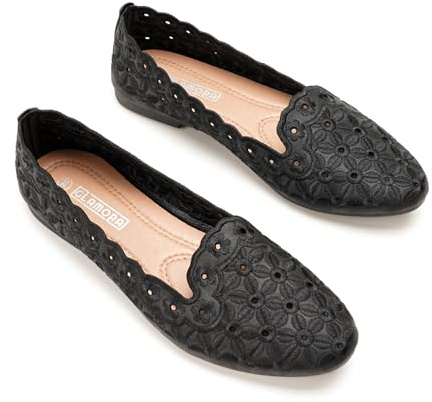 GLAMORA Bailarinas Mujer Manoletinas Caladas Puntera Estilizada Zapatos Planos Bordado Floral Elegantes Transpirables Comodos Primavera Verano black-36