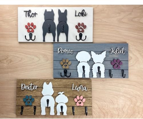 Hundeleinenhalter für zwei Hunde, mit Namen, personalisierbar, 3D-Hundepfoten, Hinter-Leinenhalter für Wandschlüssel, Geschenk für Tierliebhaber (weiß)