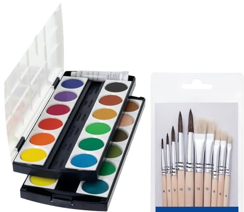 Herlitz Schulmalfarben, Deckfarbkasten, 24 Farben inklusive Deckweiß und 10er Pinselset