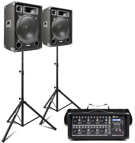 MAX15 15 Passive PA System with 8-Channel Mixer, Bluetooth, Dual 1000W Speakers, Speaker Stands, Mics and Mic Stands & Cables – Complete Band, Vocalist & Church Sound Solution