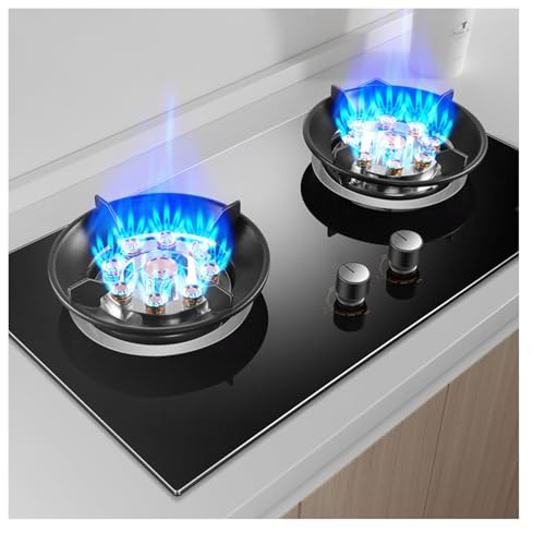 Portable Double-Burner Gas Stove 9-Burner Fire Ring Wok Stove Head 5.2 KW, Black Tempered Glass Cast Iron Pot Holder with Flame Protection(NG)