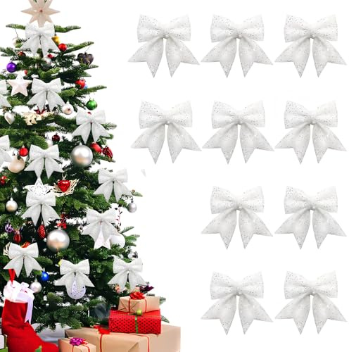 FePen Schleifen Weihnachtsbaum, 10 Stück Glitzer Weihnachtsschleifen, Weihnachtsbaum Deko (Weiß)