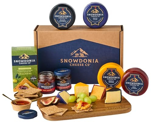Snowdonia Cheese Company | Cheese Board Selection | 4 Luxury Welsh Cheeses, 1 Chutney, 1 Hot Honey, Crackers and 1 Acacia Wood Board