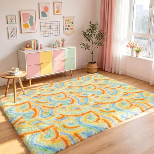 Enyhom Hochflor Teppich Wohnzimmer Waschbar Regenbogenmuster, Teppich Kinderzimmer Mädchen rutschfest Flauschige Teppiche Schlafzimmer Anti-Rutsch Wohnzimmerteppich Weich (Grün, 120 x 160 cm)