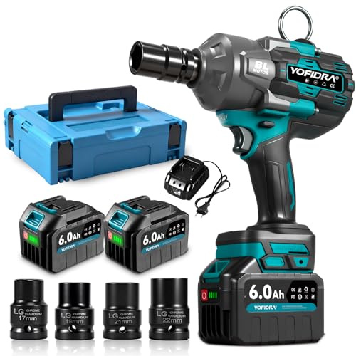 Yofidra Avvitatore a percussione a batteria da 1800 Nm da 3/4 pollici, avvitatore a percussione senza spazzole con 2 batterie da 6,0 Ah e caricabatterie, 4 + 3 marce con LED a 4 prese, 2300 BPM per