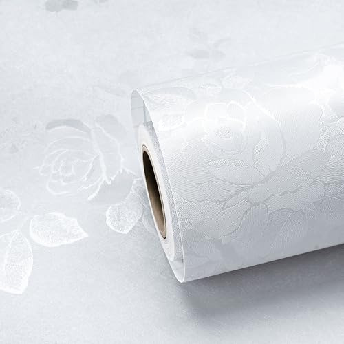 ReWallpaper Papel Pintado Autoadhesivo Blanco Textura Vinilo para Muebles Estantería Cajones 40CMx3M Rollo Revestimiento Pared Estampado Flores Blanco Papel De Parede Dormitorio Pasillo