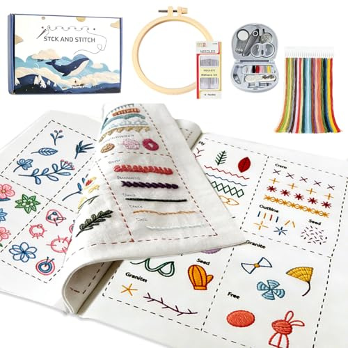 Set da ricamo per principianti e adulti, set di ricamo in lino con diversi motivi, punti di ricamo creativi, set completo con telaio da ricamo, filo e strumento da cucito, guida per esercizi di cucito