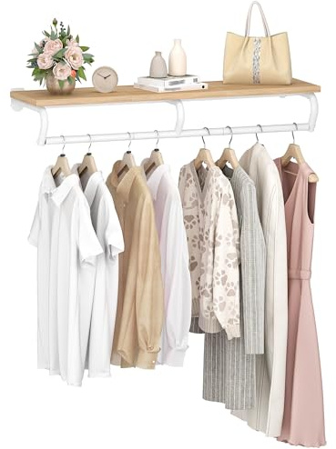 CHOEZON Wandgarderoben mit Ablage, Kleiderständer, 110 cm Kleiderstange zur Wandmontage, Garderobenstange für Schlafzimmer Badezimmer Indoor, Nturfarben und Weiß DTYM02NW