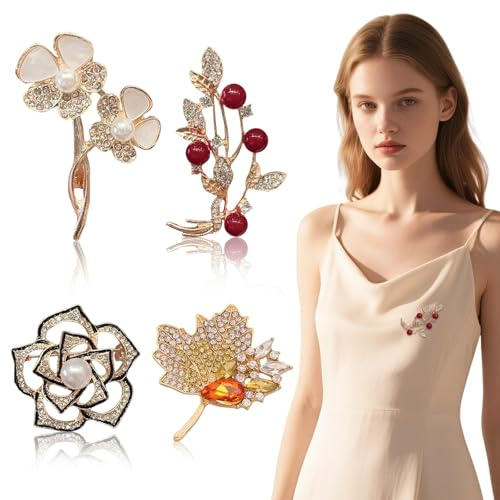 MNYXIS 4 Pcs Brosche Damen, Schöne Blume Broschen, Elegante Broschen für Kleidung, Broschen & Anstecknadeln Für Damen, Vintage Blätter Brosche Pin, Brooch für Schal, Mantel Kleidung, Kleider Clip