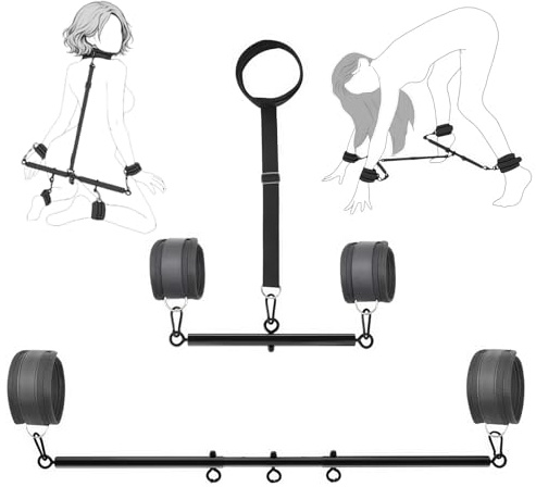 Kit separador bondage para parejas con esposas ajustables para muñecas y tobillos, collar de restricción, cadenas de conexión y accesorios BDSM para juegos de rol adultos(Negro)