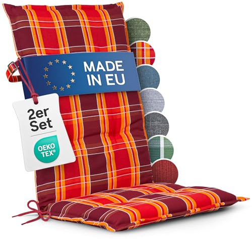 Homeoutfit24 Hochlehner Auflagen, Made in EU, 2er Set, Rot-Kariert | 120x50 cm, Gartenstuhlauflagen Sitzauflagen, Oeko-Tex zertifiziert, Hochlehner Polster