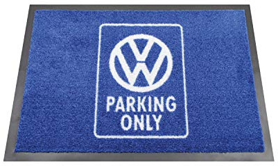 BRISA VW Collection - Volkswagen Fuß-Matte-Tür-Vorleger-Schuh-Schmutzfang-Abstreifer mit T1 Bulli Bus Motiv (Parking Only/Blau) | Volkswagen VW Logo Fußmatte Schmutzfangmatte robust waschbar Haustür Garage 70x50 cm nur Parkplatz/Blau
