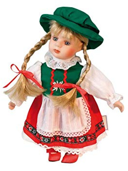 Spieluhrenwelt Spieluhr Mädchen Trachtenpuppe aus Porzellan I Bewegt den Kopf, spielt 'Edelweiß' I Traditionelles Dirndl I Blonde Zöpfe, 25 cm Höhe