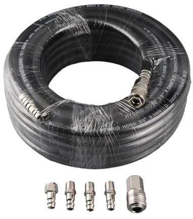 Druckluftschlauch 15 m mit Schnellkupplung und Nippel, verstärktes Gummi, Innen ∅ 9,5 mm, Schwarz, für Kompressoren