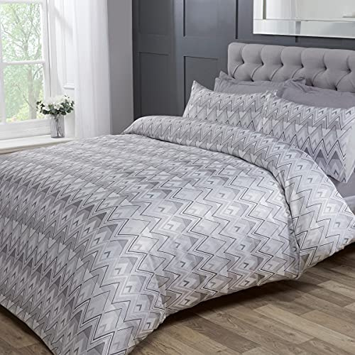 Sleepdown Zickzack-Muster mit geometrischen Streifen in Hellgrau und Weiß, Luxus-Bettbezug-Set mit Kissenbezügen – Super King (220 x 260 cm)