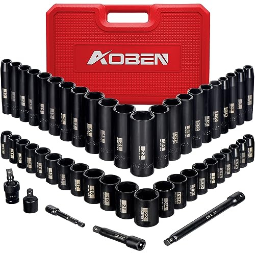 AOBEN 3/8-Inch Drive Impact Socket Set, 49 Pieces,6 Point (5/16 - 3/4, 8mm - 22mm), Deep/Shallow, Includes 3, 6 Extension bars, Universal Joint, 1/2 to 3/8 adaptor, 3/8 Inch Socket Adapter