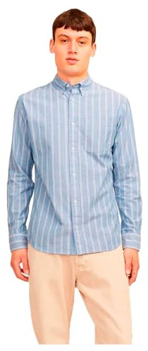 JACK & JONES Jprbrook Oxford T-Shirt L/S Noos Chemise de Loisirs, Chambray Blue/Stripes : Coupe ajustée, S Homme