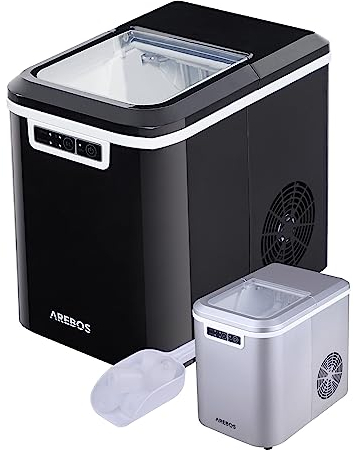 Arebos Machine à glaçons | 12 kg / 24 h | 10-15 minutes de production | 2 tailles de glaçons | Réservoir d'eau de 2,2 litres | Machine à glaçons | Silencieuse | Fonction autonettoyante | Noir