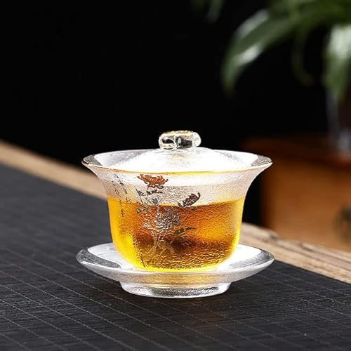 Sopera de té de Vidrio Resistente al Calor, Juego de Tazas de té kungfú Chino, Gran Contorno en Tetera Dorada, tazón de té con Flores Doradas Gaiwan