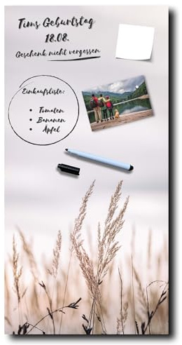Memoboard Calm Grasses L 30 x 60 cm - Glastafel magnetisch & beschreibbar für Ihre To-dos, Termine & die besten Urlaubsbilder - Der schicke funktionale Hingucker mit Motiv für das Wichtigste im Alltag