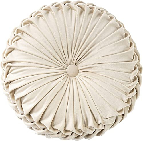 Tiowo Runde Bodenkissen Weiche Samt Stuhlkissen Plissee Sitzkissen Dekorative Kissen Kürbis Zierkissen für Home Couch Sofa Stuhl Auto Bett (Beige)