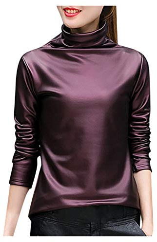 Blusa da donna in raso lucido - Top da donna in seta satinata primavera chic a maniche lunghe camicetta tinta unita maglietta sottogola elegante camicie eleganti magliette a maniche lunghe business