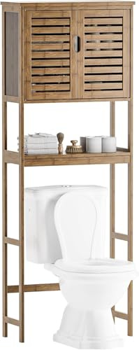 SMIBUY Bathroom Storage Shelf with Cabinet, Bamboo Over-The-Toilet Organizer Rack, Freestanding Toilet Space Saver with 3-Tier Adjustable Shelves (Walnut)