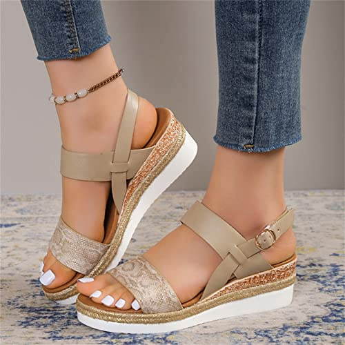 SWTKO Sandales Plateforme Femmes Sandales Espadrilles Compensées À Imprimé Serpent Sandales avec Bride À La Cheville et Boucle Chaussures de Marche D'été en Plein Air,d'or,US9/EU40