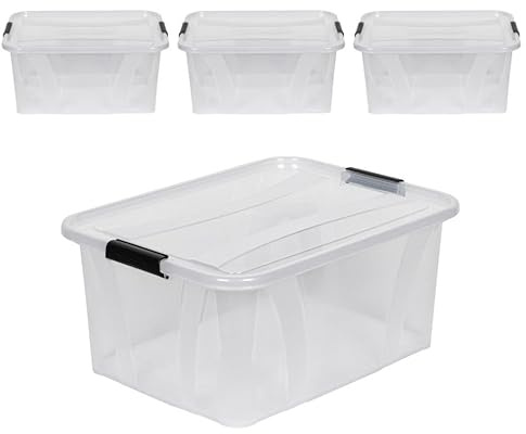 Kreher® XL Aufbewahrungsboxen mit Deckel aus Lebensmittel-geeignetem Kunststoff in Transparent. Stapelbare Lagerboxen für Haushalt, Garage, Industrie (32 Liter, 4er Set)