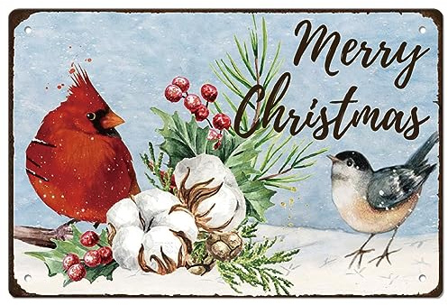 SUPERDANT Carteles Vintage Feliz Navidad Carteles de Chapa de Metal Pájaros Rojos Arte Vintage Hierro Ramas Nevadas Decoración de Pared de Navidad Cotizaciones Placa Decoración de Dormitorio Retro