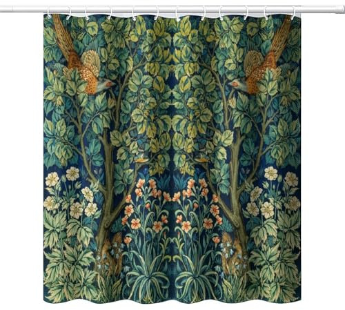 DDCBNS William Morris stil duschdraperi, mitten av århundradet vintage blomma fåglar grön växt abstrakt konsttryck duschdraperi för badrumsdekor tyg vattentät klädsel krok 168 x 183 cm