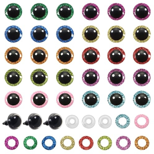 TOAOB 60 Stück 10mm Sicherheitsaugen für Häkeltiere Bunt Glitzer Kunststoff | Knopfaugen mit Unterlegscheiben, für Amigurumi Basteln, Puppenaugen Teddyaugen für DIY Kreative Handwerk