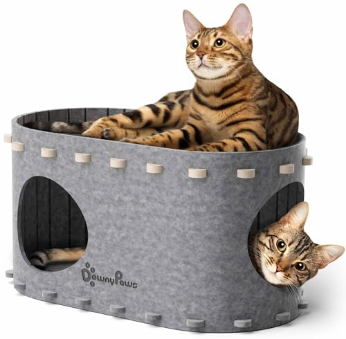 DownyPaws Cat House for Indoor Cats,Peekaboo Cat Bed Cave, Light Gray