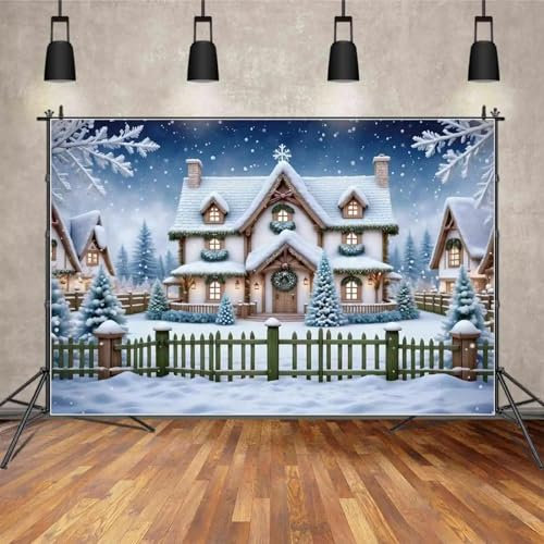 Kulisse Weihnachtsdorf Hof Holzzaun Schnee Kiefer Hintergrund Flauschige Schneeflocke Dekoration Fotografie Requisite
