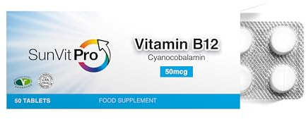 Sunvit-Pro Vitamin B12 Tablets High Strength Cyanocobalamin 50mcg Support to The Reduction of Tiredness, Fatigue & Immunity One Month Plus Supply Made in UK - 50 B12 Tablets