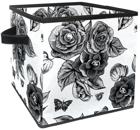 VAPOKF Scatola portaoggetti pieghevole, in tessuto, a forma di cubo, organizer con manici, per giocattoli, vestiti, libri, armadio, camera da letto, casa, begonia, fiori, farfalle e api