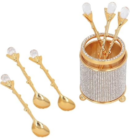 Coffee Spoons Set, 6Pcs Retro Crystal Alloy Tableware Dessert Spoons with Holder, Tea Spoons Decorative for Fruit, Stirring, Mixing, Sugar, Ice Cream, Cake, Cafe Tableware, Party