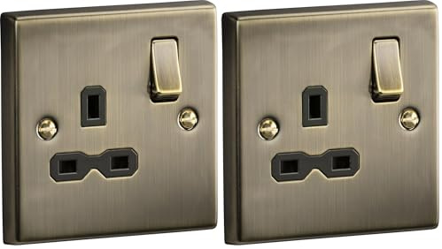 1G Switched Socket Square Edge Antique Brass 13A (Pack of 2)
