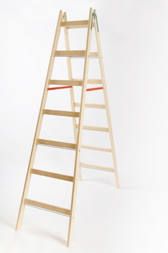 LADDERMAN Stabile Malerleiter 7 Stufen - Praktische Holzleiter, Indoor Outdoor Klappleiter mit Eimerhaken, Roten Sicherheitsgurten, Verstärkt, Breiten Sprossen - Zertifiziertes Kiefernholz