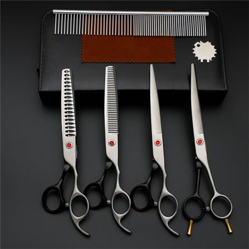 Floraslee Hundeschere Set, Profi 5-In-1 Hundeschere, Hund und Katze Sicherheit Grooming Schere, Inkl Effilierschere, Gebogene, Gerade Schere, Fellpflegekamm, 440C Edelstahl