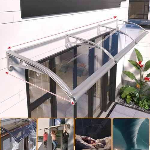 Marquise Plaque en Support Argent Plaque Transparente Polycarbonate,Auvent de Porte d'entrée avec Grand Guide de l'eau Protection Contre Pluie Soleil pour Maison,Toit Abri (150 x 490cm)