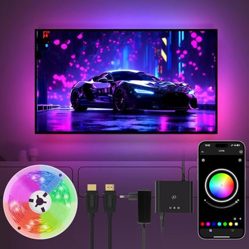 HOTUT Luces LED TV Retroiluminación, Tira LED adecuado para TV de 45 a 75 pulgadas, Tira de iluminación de TV con sincronización de música con caja de sincronización HDMI, App Control